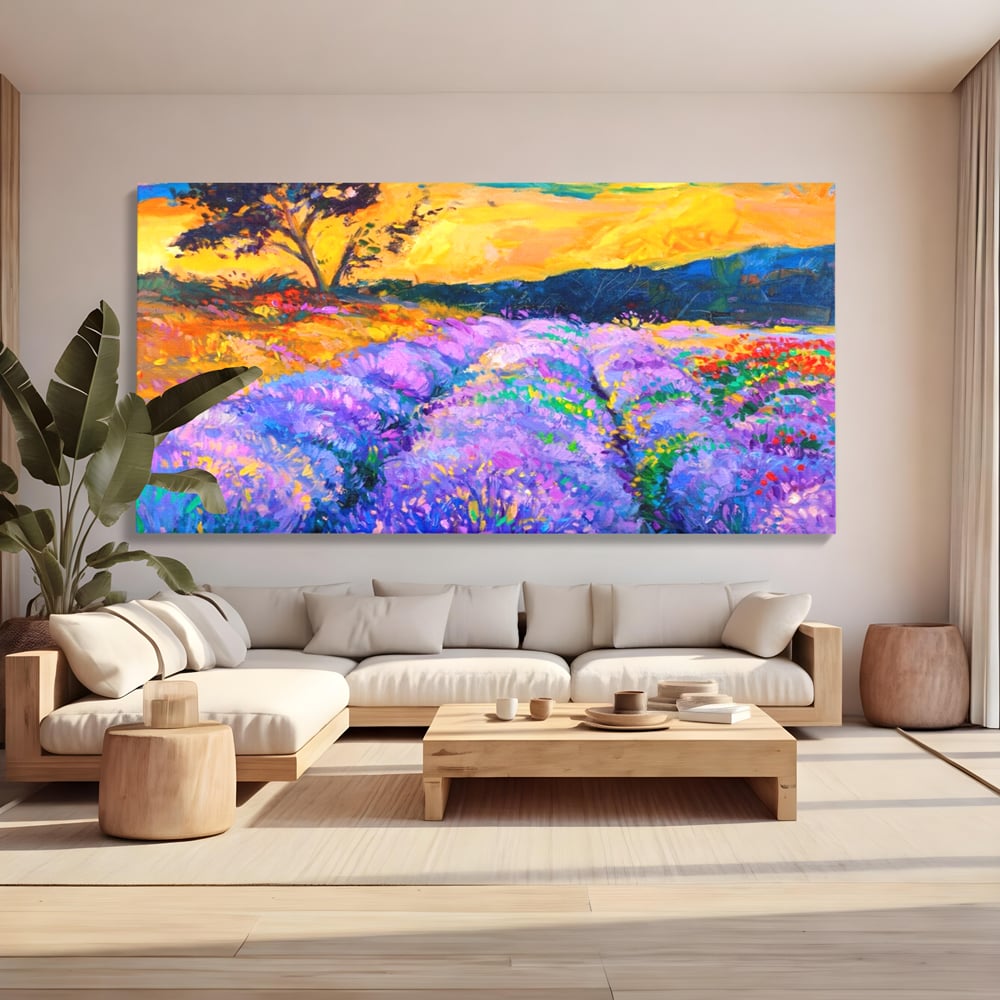 Tablou canvas cu pictura camp de lavanda la apus, fara rama, pe sasiu de lemn, pe perete intr-un living